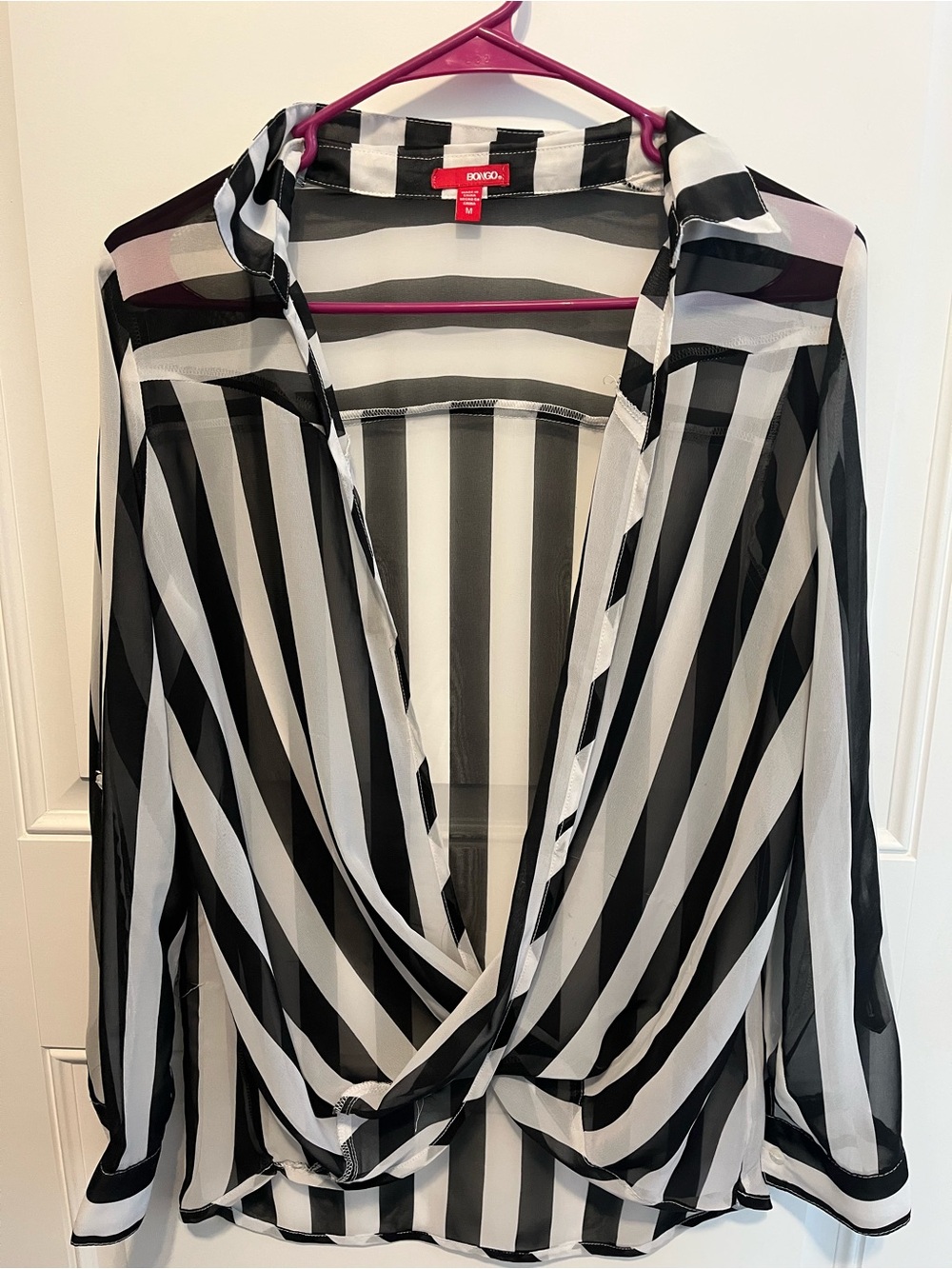 Boohoo Black and White Vertical Stripe Sheer Wrap Blouse